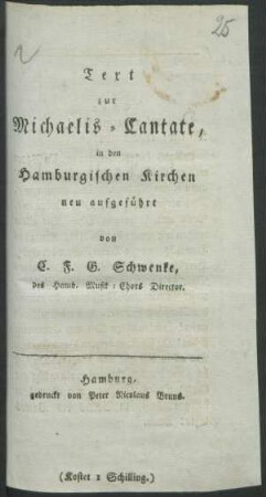 Text zur Michaelis-Cantate, : in den Hamburgischen Kirchen neu aufgeführt