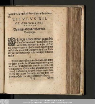 Titulus XII. De Aedificiis Privatorum. Von priuat Gebewden und Bawsachen.