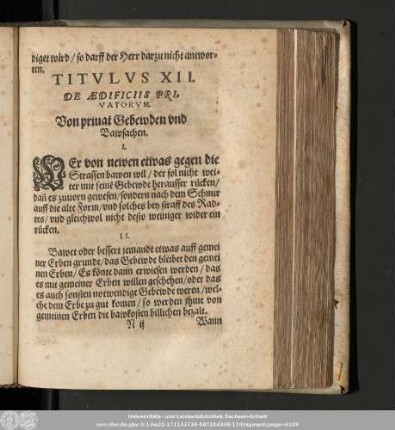Titulus XII. De Aedificiis Privatorum. Von priuat Gebewden und Bawsachen.
