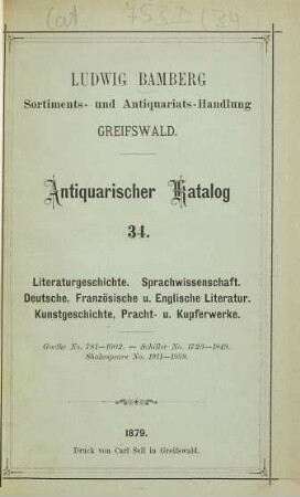 Ludwig Bamberg, Sortiments- u. Antiquariatshandlung in Greifswald : Antiquarischer Catalog. [Umschlagt.]. 34