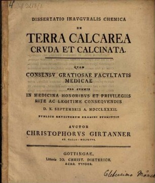 Diss. inaug. chem. de terra calcarea cruda et calcinata