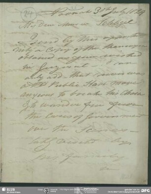 Eigenh. Brief von John Malcolm an August Wilhelm von Schlegel, Poonah, 30.07.1829