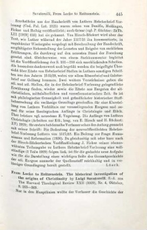 445-446 [Rezension] Savatorelli, Luigi, From Locke to Reitzenstein. The historical investigation of the origins of Christianity