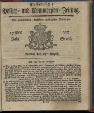 33tes Stueck, Montag den 18ten August. 1788