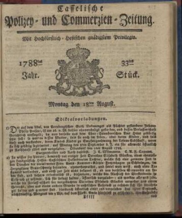33tes Stueck, Montag den 18ten August. 1788