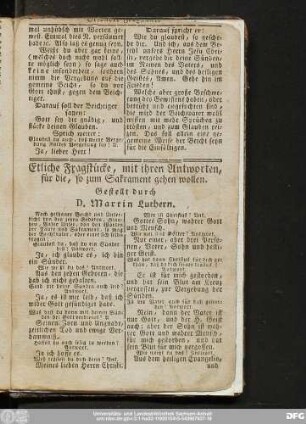 Etliche Fragstücke, mit ihren Antworten, für die, so zum Sakrament gehen wollen. Gestellt durch D. Martin Luthern.