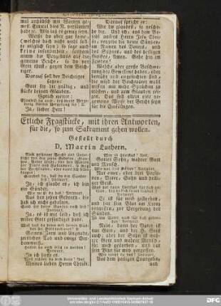 Etliche Fragstücke, mit ihren Antworten, für die, so zum Sakrament gehen wollen. Gestellt durch D. Martin Luthern.