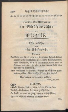 Versuchte freye Uebersetzung der Schäfergedichte des Virgils