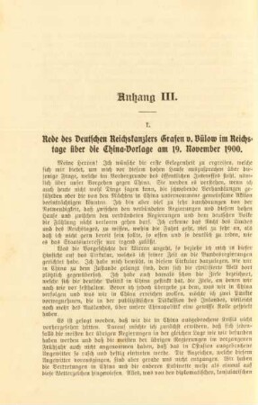 Anhang III. Rede des Deutschen Reichskanzlers Grafen v. Bülow im Reichstage über die China-Vorlage am 19. November 1900