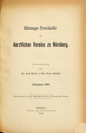 Sitzungs-Protokolle des Ärztlichen Vereins Nürnberg. 1895
