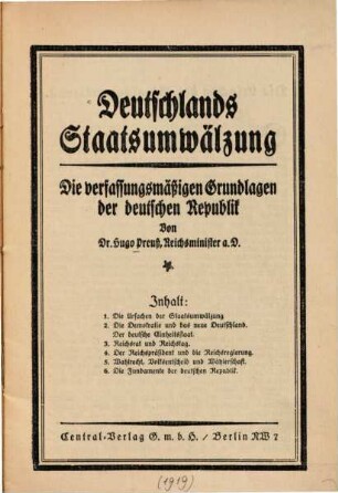 Deutschlands Staatsumwälzung : die verfassungsmässigen Grundlagen der deutschen Republik