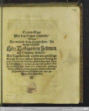Trauer-Klage über den seligen Hintritt ... Tobias von Zehmen ... genommen und entworffen