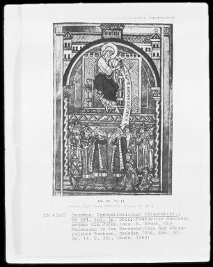 Evangelia quattuor Latine — Der Evangelist Matthäus und zwölf Juden, Folio 1recto