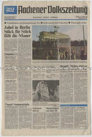 Tageszeitung "Aachener Volkszeitung" mit Titel zum Mauerfall