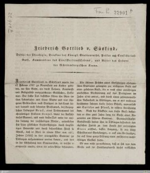 Friedrich Gottlieb v. Süskind, Doktor der Theologie, Direktor des Königl. Studienraths, Prälat und Consistorial-Rath ...