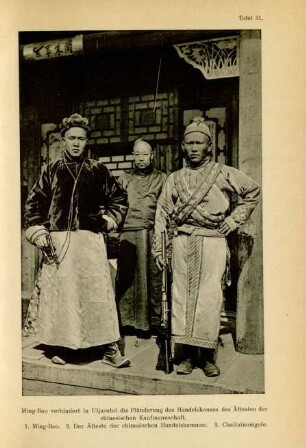Ming-Bao verhindert in Uljasutai die Plünderung des Handelshauses des Ältesten der chinesischen Kaufmannschaft. 1. Ming-Bao. 2. Der Älteste der chinesischen Handelskammer. 3. Chailaimongole
