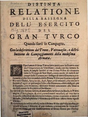 Distinta relatione dalla rassegna dell'esercito del Gran Turco quando sorti in Campagna