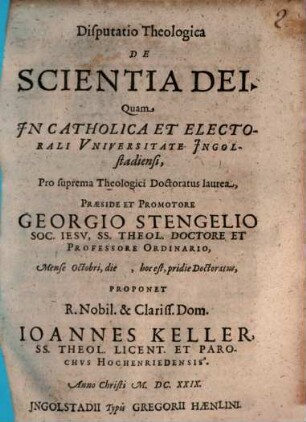 Disputatio Theologica De Scientia Dei