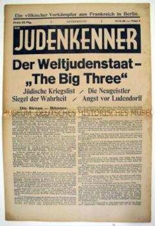 Völkisch-antisemitische Wochenzeitung "Der Judenkenner" mit Polemik gegen Judentum und Freimaurer