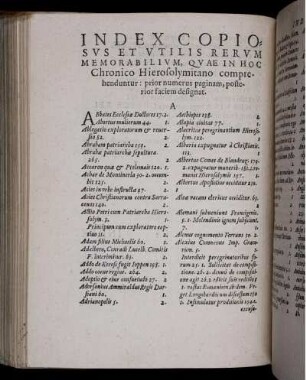 Index Copiosus Et Utilis Rerum Memorabilium, Quae In Hoc Chronico Hierosolymitano comprehenduntur: prior numerus paginam, posterior faciem designat