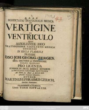 Dissertatio Inauguralis Medica De Vertigine Ex Ventriculo