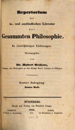 Repertorium der in- und ausländischen Literatur der gesammten Philosophie, 1. 1839