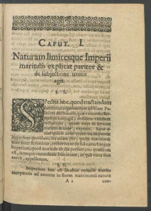 Caput I. Naturam limitesque Imperii maritalis explicat pariter & de subiectione uxoris agit.