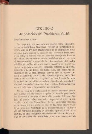 Discurso de posesión del Presidente Valdés