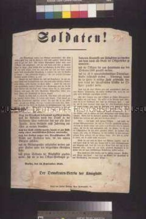 Maueranschlag: Soldaten! Forderungen des Demokraten-Vereins der Königstadt zur Militärreform; Berlin, 11. September 1848