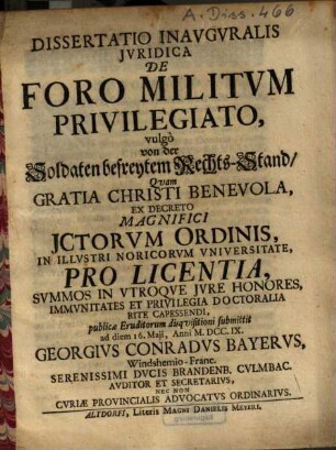 Dissertatio inauguralis iuridica de foro militum privilegiato