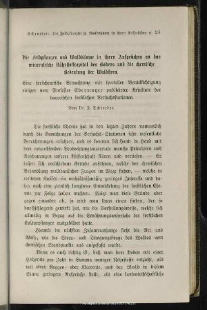 I.3. Die Feldpflanzen und Waldbäume in ihren Ansprüchen an das mineralische Nährstoffcapital des Bodens und die chemische Bedeutung der Waldstreu