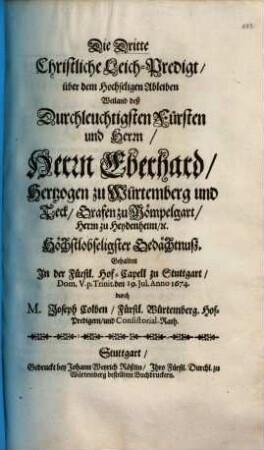 Die 3. Christlich Leichpredig über Eberhard III. Herzog zu Würtemberg
