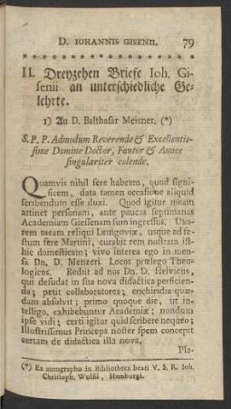 II. Dreyzehen Briefe Ioh. Gisenii an unterschiedliche Gelehrte.