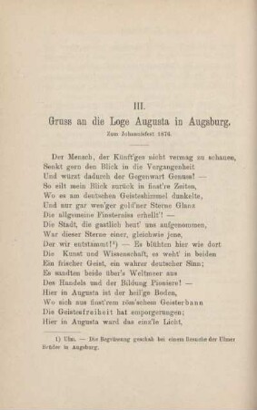 III. Gruss an die Loge Augusta in Augsburg. Zum Johannisfest 1876.