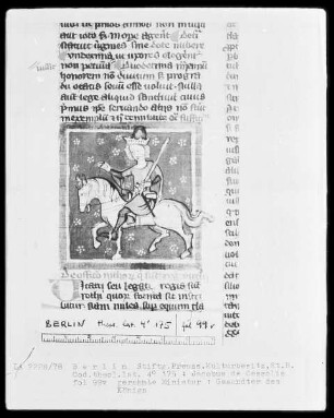 Glossa super Mattheum; Jacobus de Cessolis, de moribus hominum et officiis nobilium super ludo schachorum — Ein berittener Königsbote, Folio 99verso