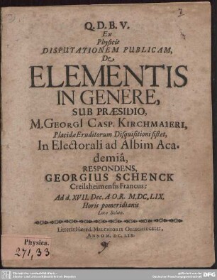 Ex Physicis Disputationem Publicam, De Elementis In Genere