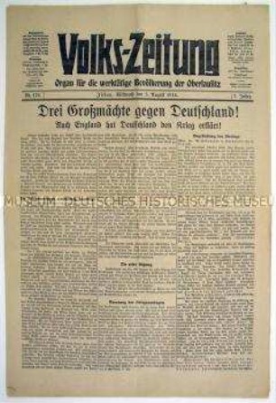 Regionale Tageszeitung "Volks-Zeitung" zur Ausgangslage des Weltkrieges