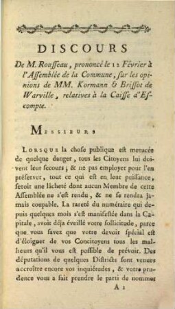 Discours [prononcé le 12. Février à l'Assemblée de la Commune, sur les opinions de MM. Kormann & Brissot de Warville, relatives à la Caisse d'Escompte]