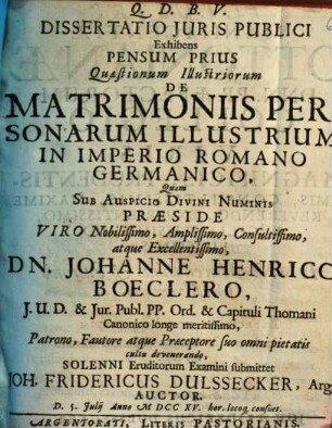 Dissertatio juris publici exhibens pensum prius quaestionum illustriorum de matrimoniis personarum illustrium in Imperio Romano-Germanico