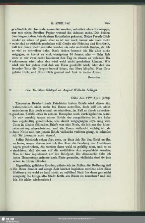 Dorothea von Schlegel an August Wilhelm von Schlegel, Köln, 19.04.1807