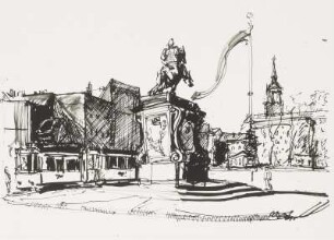 Neustädter Markt, Reiterdenkmal, Dreikönigskirche : Hassebrauk, Ernst: Neustädter Markt, Reiterdenkmal, Dreikönigskirche. Feder, Tusche. (Positivvorlage: SLUB, Nachlass, Hassebrauk, Ernst. Mscr.Dresd.App.2534,796b)