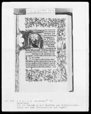 Gebetbuch — Initiale H (ere du), darin: Madonna mit Kind auf der Mondsichel wird in einem Kirchenraum von Engeln gekrönt, Folio 14recto
