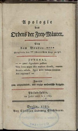 Apologie des Ordens der Frey-Mäurer : Philadelphia, im Jahr 3887. d. i. 1783