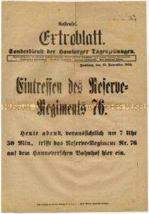 Extrablatt verschiedener hamburgischer Tageszeitungen zum Eintreffen eines Regiments in der Stadt