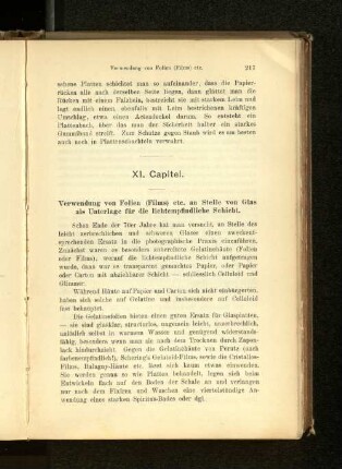 XI. Capitel. Verwendung von Folien (Films) etc. an Stelle von Glas als Unterlage für die lichtempfindliche Schicht.
