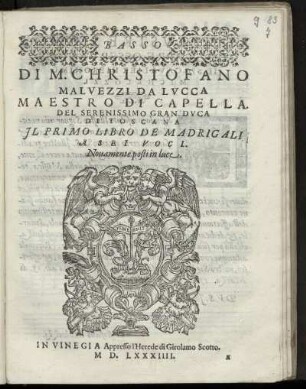 Cristofano Malvezzi: Il primo libro de madrigali a sei voci. Basso