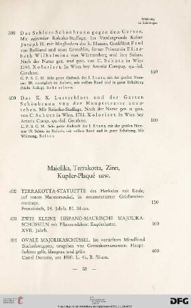 Majolika, Terrakotta, Zinn, Kupfer-Plaqué usw. (Nr. 402-427)