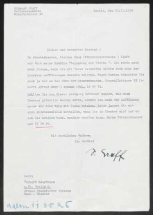 Brief von Sigmund Graff an Gerhart Hauptmann