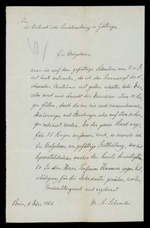 Brief von Richard Schröder an Dieterichsche Buchhandlung, Göttingen