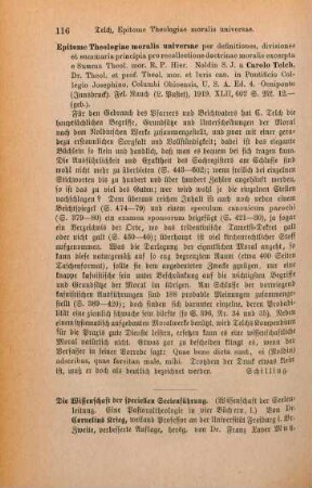 116 [Rezension] Telch, Carolus, Epitome theologiae moralis universae per definitiones, divisiones et summaria principia pro recollectione doctrinae moralis et ad immediatum usum confessarii et parochi excerpta e Summa theologiae moralis Hier[onymi] Noldin
